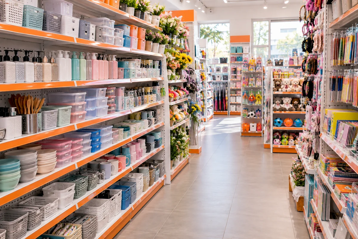 A bright value store stocked with household goods, stationery and small gifts